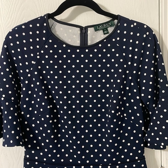 Ralph Lauren Like New Navy & White Polka Dot Midi Sheath Flounce Dress 4 - Picture 4 of 8